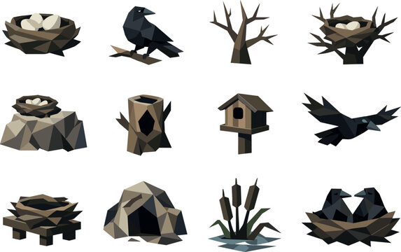 Low-Poly Bird Icons. Low-poly vector icon set for rook&rsquo;s nest and bird habitat, featuring angular polygonal geometry, sharp