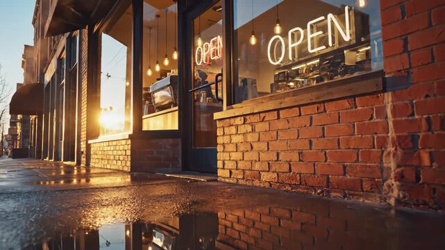 Illuminated by the warm rays of the setting sun, a welcoming storefront glows with the word open. Puddles nearby reflect the beauty of the city at dusk, creating a serene atmosphere.