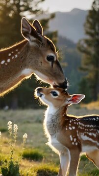 Una cierva besa a su cervatillo en un claro del bosque.