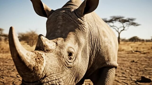 Magnificent rhinoceros standing in the arid African savanna, close-up details of face and horn against a bright sunny sky