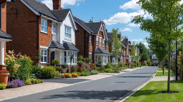 Row of red brick detached houses on a sunny suburban street. Residential neighborhood with well-kept gardens and trees. Real estate and property concept
