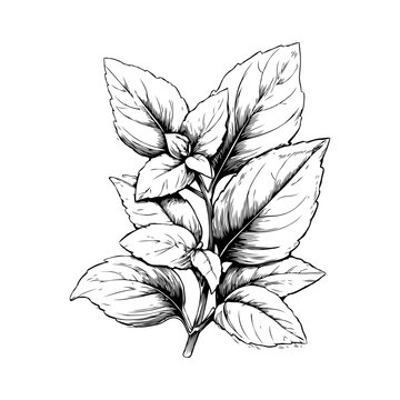 Detailed hand-drawn basil herb leaves illustration in black ink style on clean white background, concept of culinary plants and spices