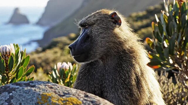 Baboon Observes Scenic Coastal Landscape with Blooming Protea Flowers and Ocean in Background on Sunny Day
