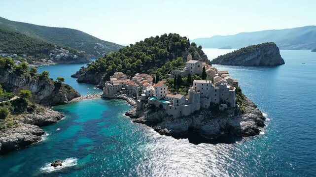 Aerial view of Sveti Stefan island in Montenegro, a picturesque coastal destination with turquoise water and historic buildings