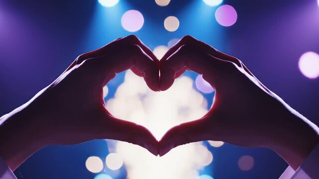 Hands forming heart shape against colorful lights