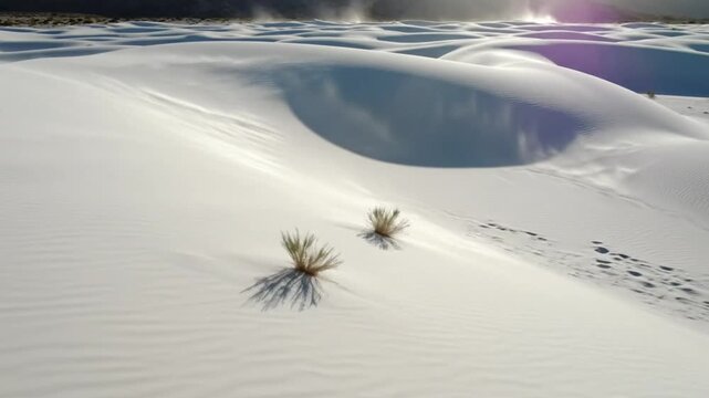 Breathtaking aerial view of pristine white sand dunes in a desert landscape with sparse vegetation under bright sunlight