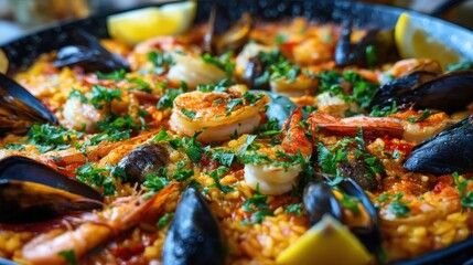 Delicious seafood paella with shrimp, mussels, and lemon garnish.