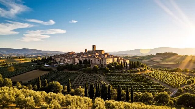 Scenic Tuscan landscape: An inspiring view of the picturesque town of San Casciano dei Bagni in the morning light