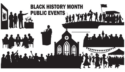 A black and white illustration depicts scenes of public events a church and crowds celebrating black history month high quality professional