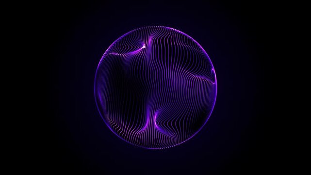 Abstract purple wireframe sphere formed by flowing neon lines black background. Orb representing global data streams. AI intelligence core, cyber networks, depth, volumetric light loop background