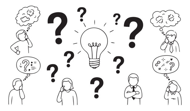 A collection of hand drawn illustrations depicting people pondering questions and a central lightbulb idea high quality professional detailed modern elegant