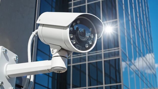 White security camera on building exterior
