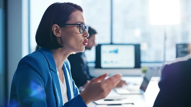 Focused businesswoman leading presentation, discussing data shift in consumer behavior and capitalization strategy in office meeting