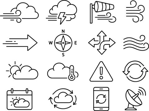 Line style vector icons of windy forecast symbols: windcloud, stormwind, crosswind, draft; arrow, direction, compass, flow;