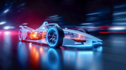 Naklejka premium Futuristic electric car chassis with glowing battery pack and transparent components, 3D render in neon lighting