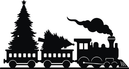 Christmas train silhouette vector, holiday transport, festive locomotive, black icon, tree cargo, flavector, seasonal design, winter celebration, decoration graphic, joyful journey, white background © Sohan Creatives