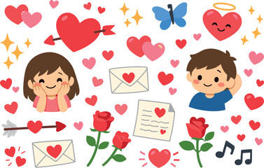 Fototapeta premium Hearts, children, butterflies, letters, roses, musical notes, sparkles, love symbols, different colors.