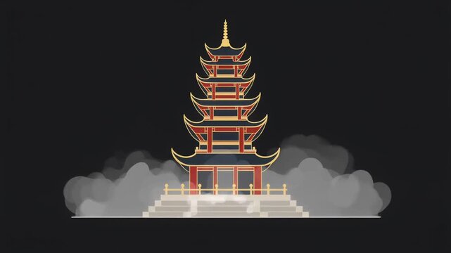 Stylized Chinese pagoda illustration emerging from mist, symmetrical composition, warm tones, traditional architecture, and clean dark background for cultural design projects.