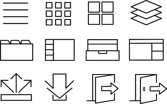 Line style vector icons of Navigation menu icons: list, grid, tiles, stack; tabs, sidebar, drawer, panel; expand