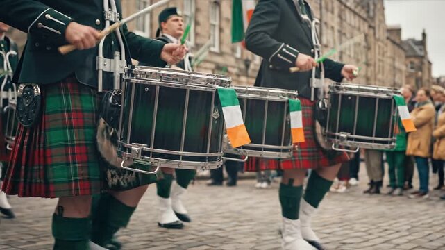 Marching Band Parade in Tartan Kilts Beat Drum Celebration Festive Mood. High quality 4k footage