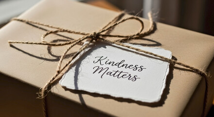 Kindness Matters message on a rustic gift tag attached to a brown paper package. Inspirational quote on a present wrapped with twine. Concept of charity, gratitude and giving
