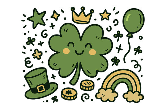 St. Patrick's Day Doodle. St. Patrick&rsquo;s Day illustration doodle style: hand drawn shamrock with smile, crown, star, balloon,