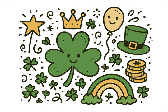St. Patrick's Day Doodle. St. Patrick&rsquo;s Day illustration doodle style: hand drawn shamrock with smile, crown, star, balloon,