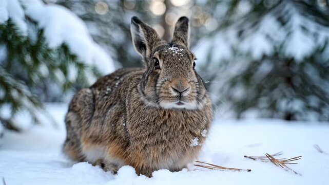 Snowshoe hare resting in snow with pine branches and foliage in winter landscape, winter wildlife