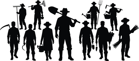 Farming, tool, labor, silhouette, posture, gesture, rake, shovel, watering, pitchfork, basket, sickle, crop, attire, setup, agriculture, rural, vector, black, pose, flavector