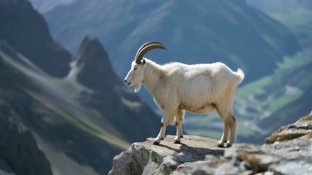 Mountain goat standing on rocky ledge in alpine environment