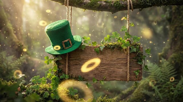St Patrick's Day Magic: Leprechaun Hat, Clover, Sign, and Golden Light. High quality 4k footage