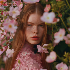 Naklejka premium Floral spring concept of a beautiful girl surrounded by fresh flowers.