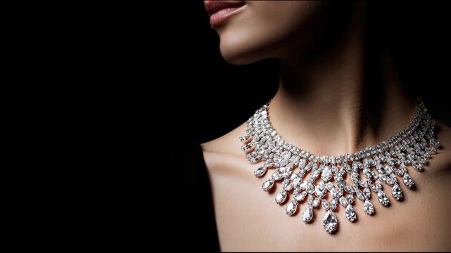 woman wearing a luxury diamond necklace against a black background