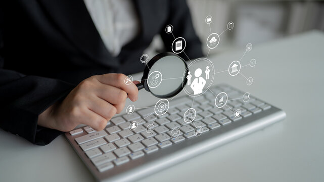 A concept of centralized business management and corporate strategy. A leadership team connecting to all functions like finance, operations, and planning. Motif