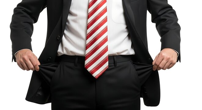 Man in a formal suit turning out empty pockets, symbolizing financial hardship and bankruptcy