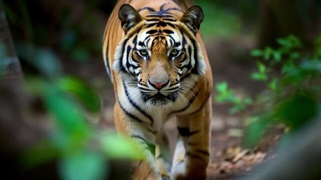 Aggressive bengal tiger walking through dense green jungle forest