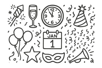 New Year Celebration Icons. New Year doodle icon set: hand drawn icons of fireworks, champagne glass, clock, 