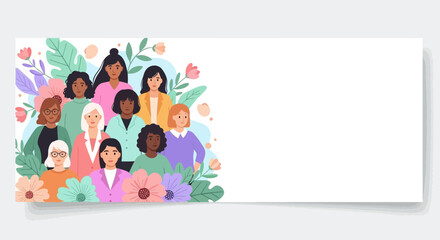 Obraz premium Diverse group of women standing together with floral accents, celebrating female empowerment and unity.
