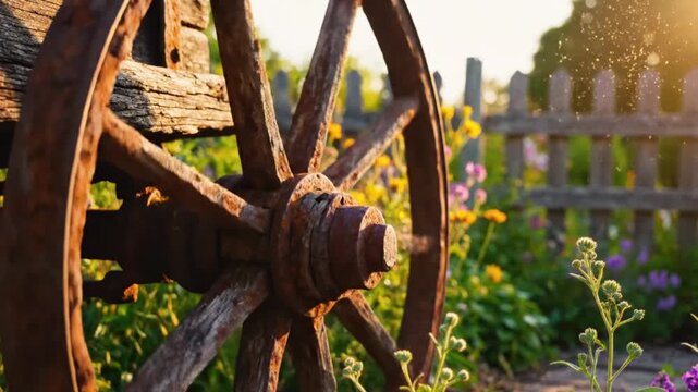 Rustic antique wooden cart wheel resting in a garden, sunlight streaming through fence and flowers