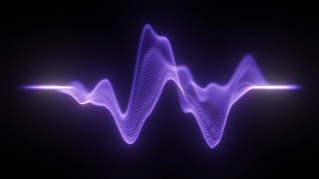 purple glowing waveform with luminous particle dots forming a dynamic audio signal line, blue symbolizing sound energy, frequency modulation, digital music, violet seamless sonic technology loop