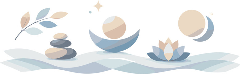 Leaf, stones, abstract figures, lotus, waves, balance, minimalist, nature elements, harmonious scene.