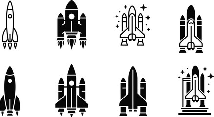 Black and white vector icons of space rocket ships and shuttles for science exploration startup launches and aerospace technology design, © Itz Shahin