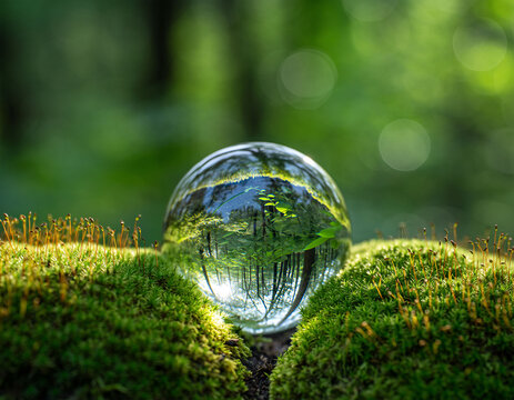 Crystal ball on moss with forest reflection, macro nature bokeh