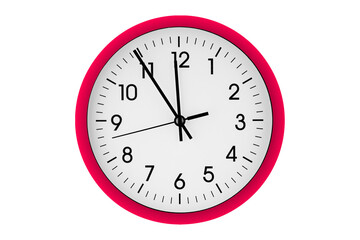 Red watch, wall clock 11 hours 45 minutes on isolated or white background close up