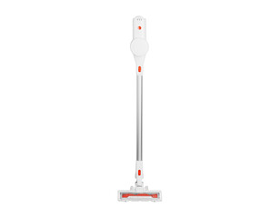 Modern cordless vacuum cleaner isolated on white background. Wireless handheld device for efficient home cleaning and hygiene maintenance.