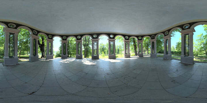 360 degrees 6k panorama of an inside of a romantic pavilion in a park, in Sweden, Europe
