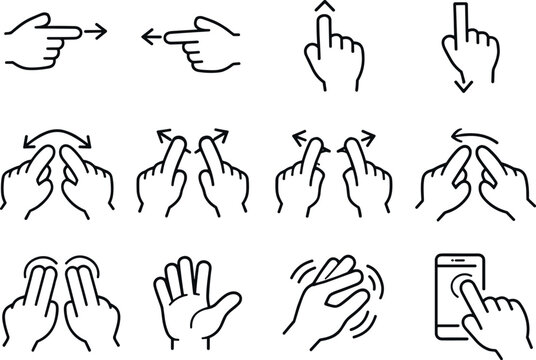 Line style vector icons of Touch gesture icons: swipeleft, swiperight, swipeup, swipedown; pinchin, pinchout,