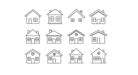 Twelve outline icons of simple small houses.