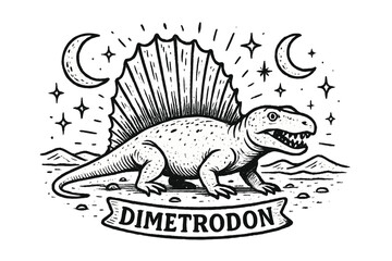 Naklejka premium Dimetrodon Desert Moons. Hand-drawn dimetrodon with moons, desert, and sparkles, center word “Dimetrodon” in black and white isolated transparent background