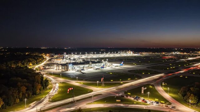 Aerial view time-lapse of an illuminated airport with airplanes and traffic at twilight revealing city lights